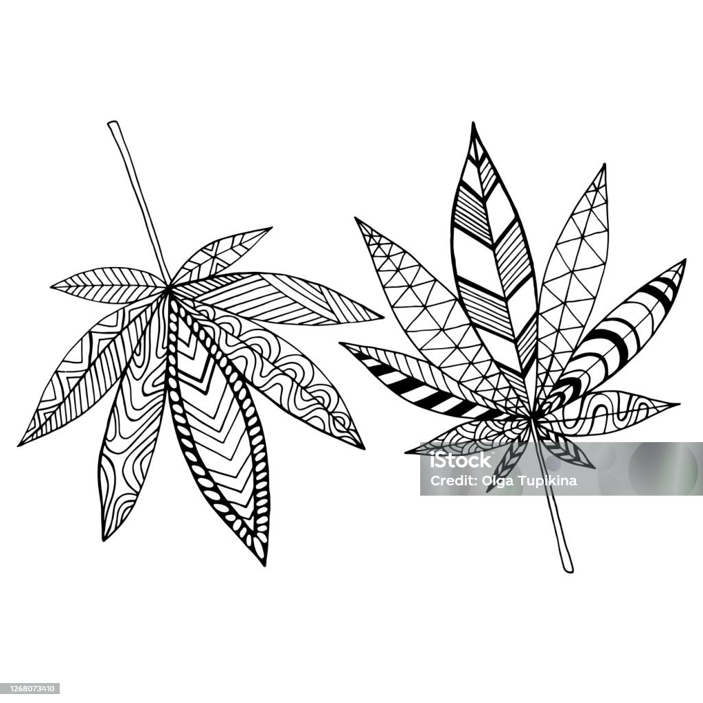 Black and white abstract doodle style psychedelic leaves marijuana coloring page isolated on white background stock illustration
