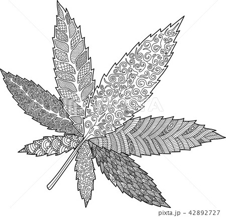 Coloring book page with decorative cannabis leaf