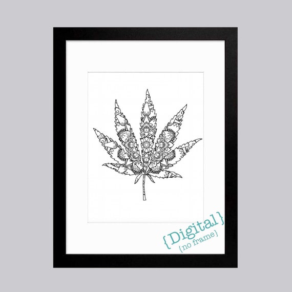 Hand drawn marijuana leaf with mushroom mandala adult coloring page line drawn pot leaf stress relief high quality pdf drawing for adults