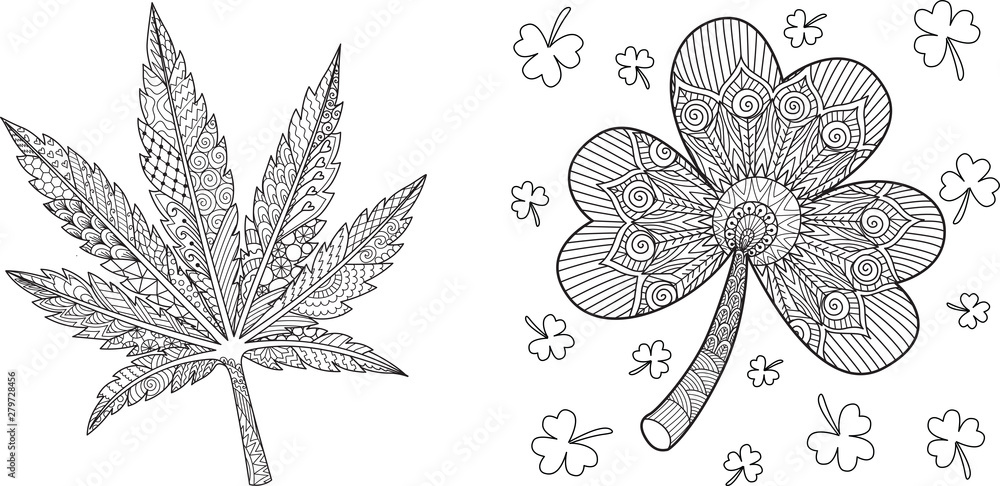 Cannabis leaf and clover leaf collection for coloring book page for kids and adult vector illustration vector