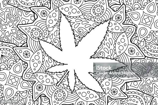 Adult coloring book page with cannabis leaf stock illustration