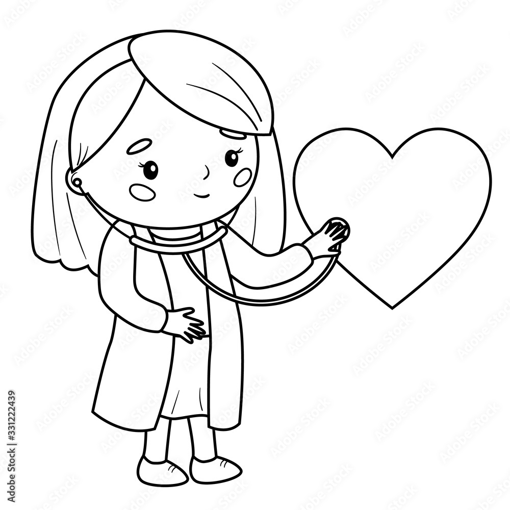 Medicine coloring page for children doctor listen the heart with stethoscope outline vector illustration healthcare for kids vector