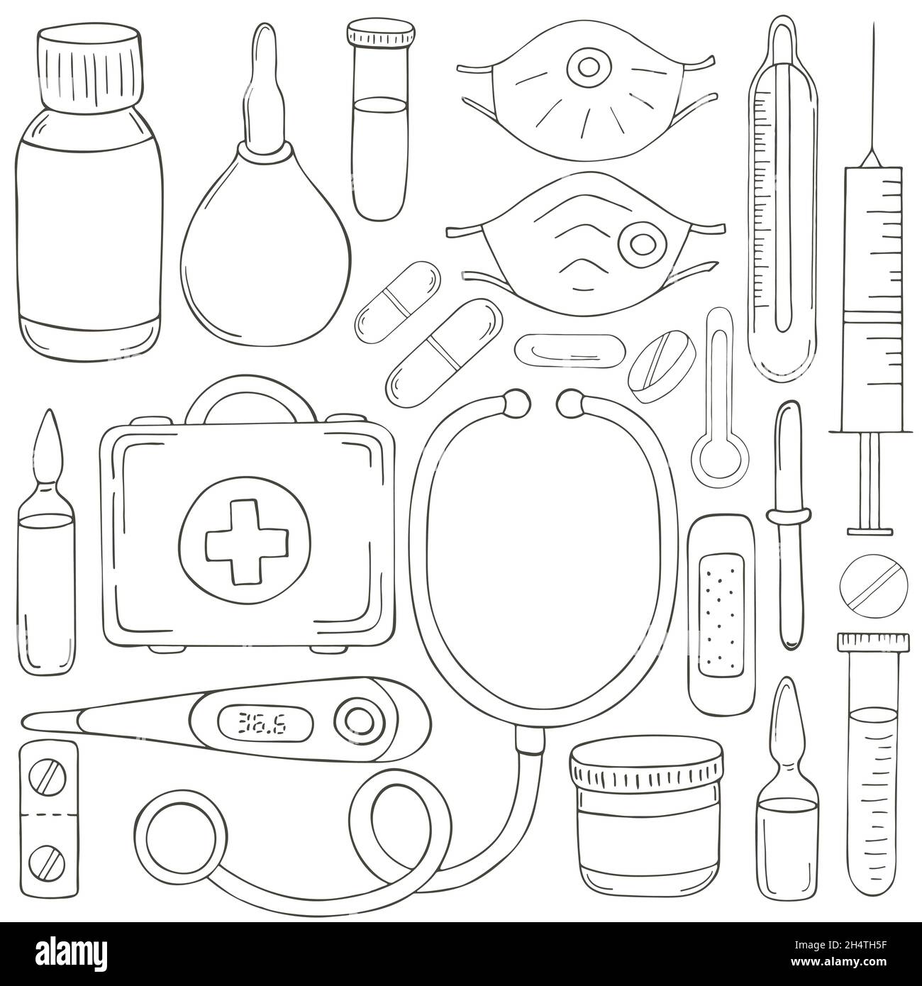Coloring page set of doctors tools in hand draw style ambulance doctor tools medical case medications stethoscope stock vector image art