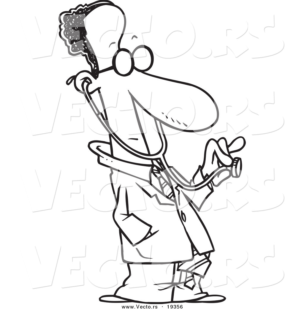 R of a cartoon black male doctor holding out a stethoscope