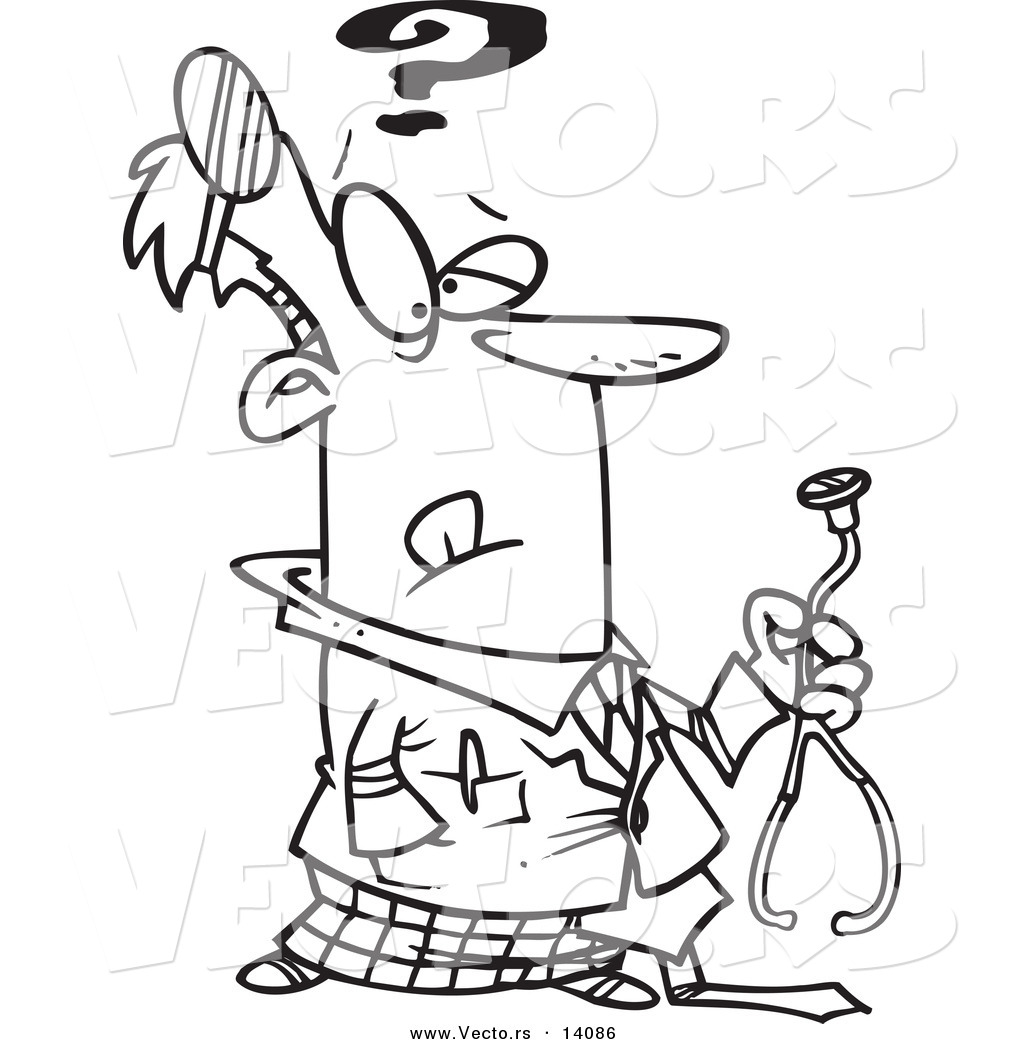 R of a cartoon uncertain doctor holding a stethoscope