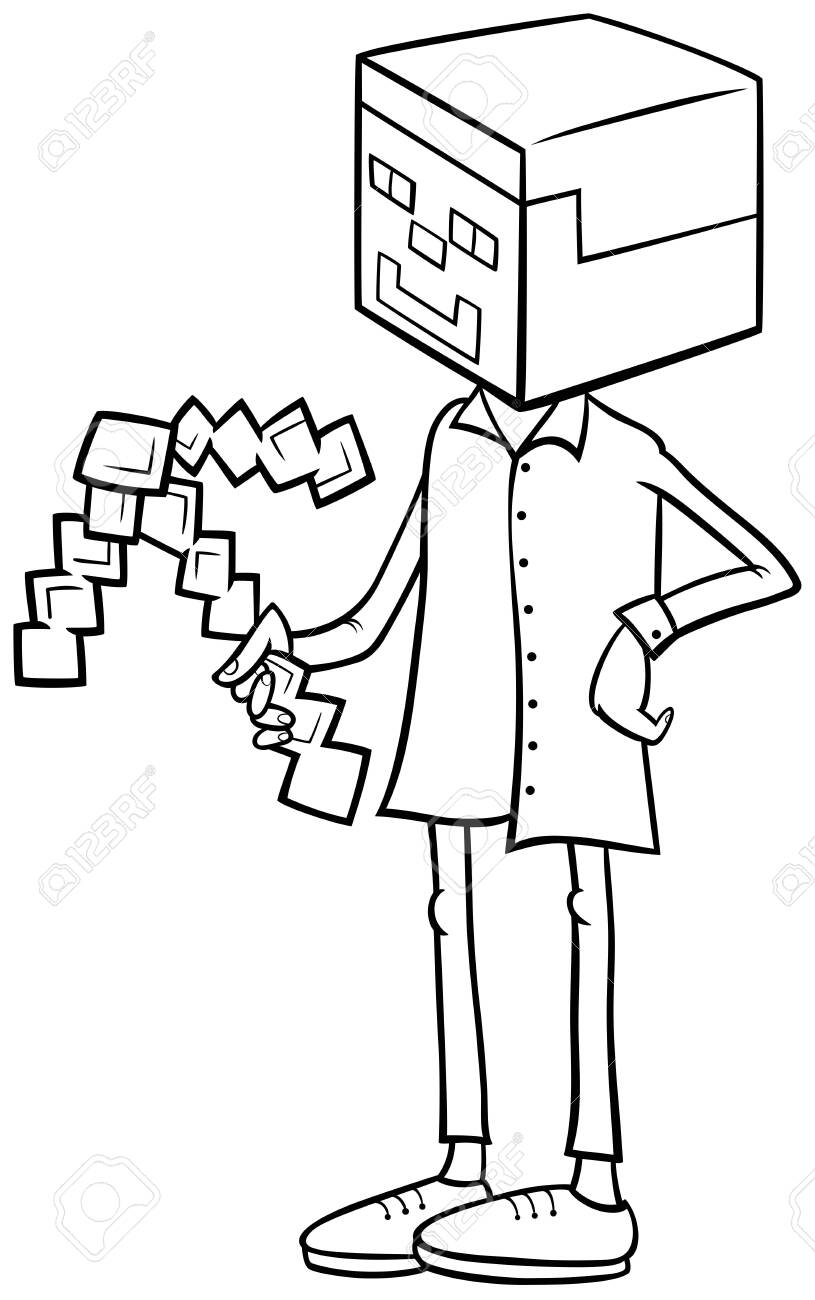 Black and white cartoon illustration of boy in steve from minecraft costume at halloween party or masked ball coloring book page royalty free svg cliparts vectors and stock illustration image
