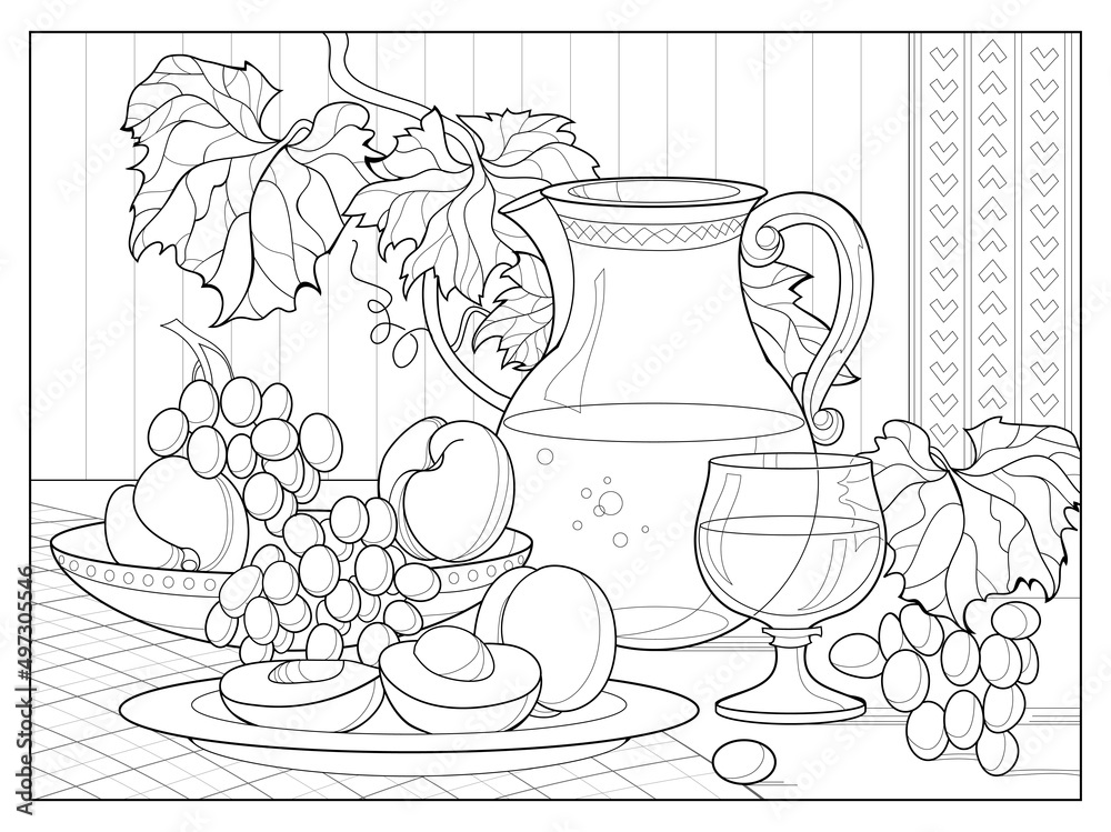 Summer still life with grapes and peaches coloring book for children and adults image in zentangle style printable page for drawing and meditation black and white vector illustration vector
