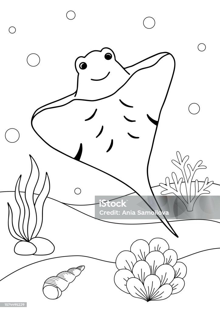 Cute cartoon stingray coloring book or page for kids marine life stock illustration