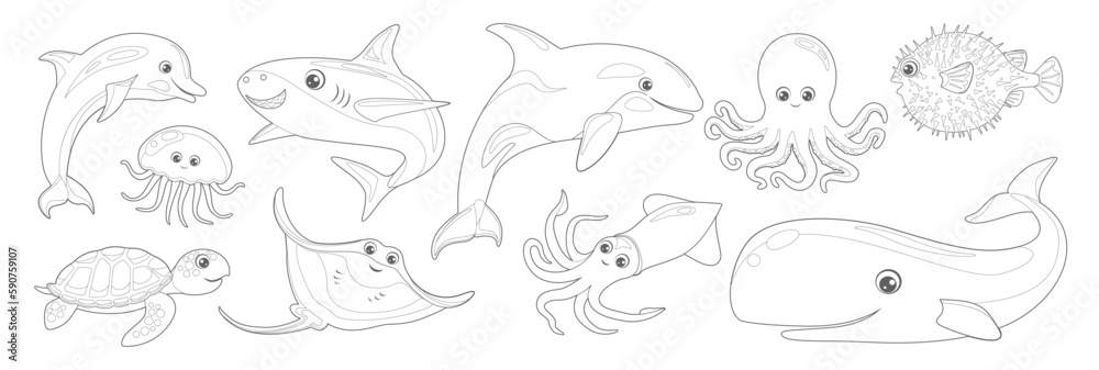 Coloring page of cartoon ocean fish and animals vector illustration of stingray hedgehog fish squid octopus killer whale jellyfish turtle dolphin shark outline coloring book for children vector