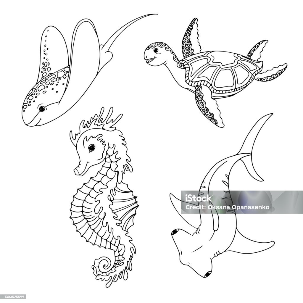 Set of marine animals electric stingray sea turtle hammerhead shark and seahorse freehand coloring book vector illustration isolated on white background stock illustration