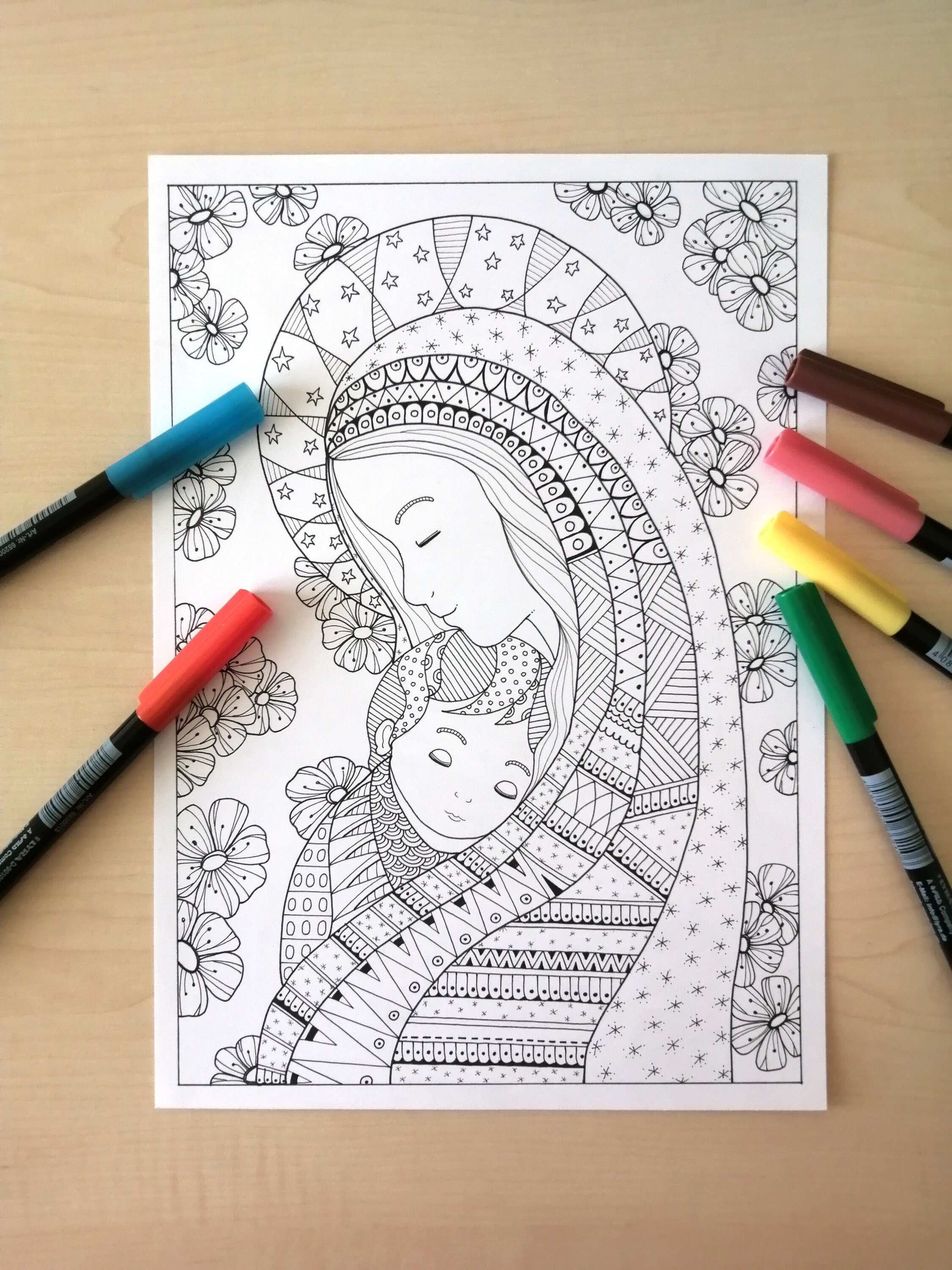 Virgin mary with the baby jesus coloring page for adults jpg printable instant download catholic coloring page bibartworkshop