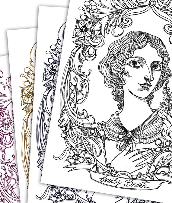 Coloring page pdf emily bronte coloring portrait instant download printable illustration
