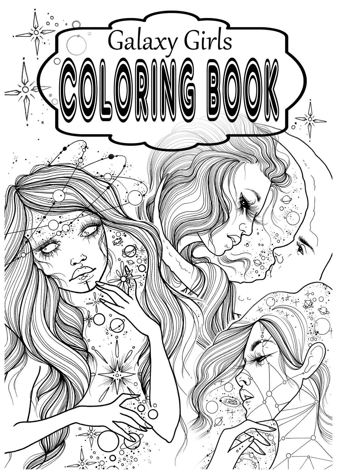 Coloring book galaxy girl for kids adults digital pdf download now