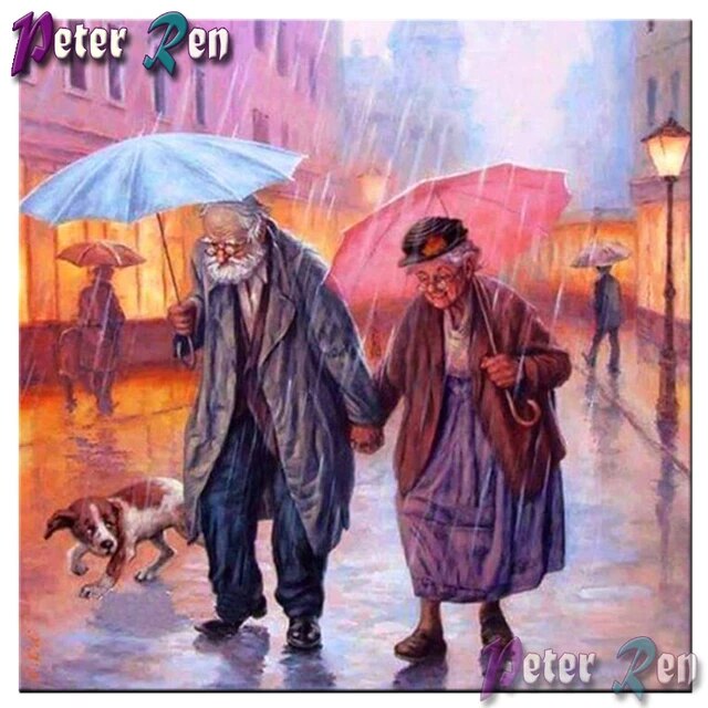 Squareround old couple walking slowly in the rain diamond painting cross stitch rhinestones diamond embroidery
