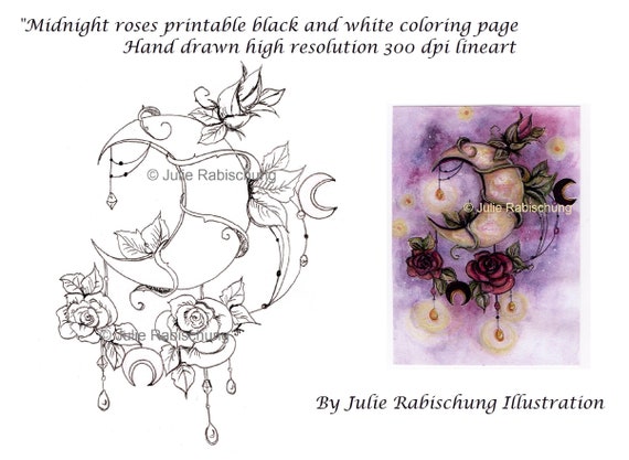 Printable moon roses tattoo styleneotraditional coloring page digital stamplineartnaturesymbolismflowersscrapbookingadult coloring