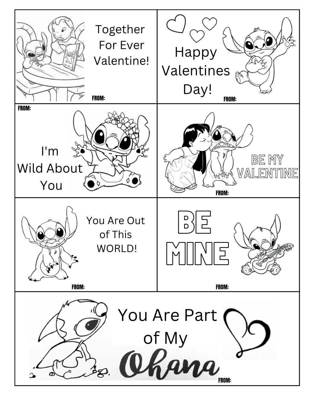 Stitch valentines day coloring cards