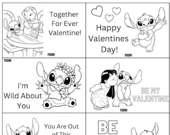 Stitch valentines day coloring cards
