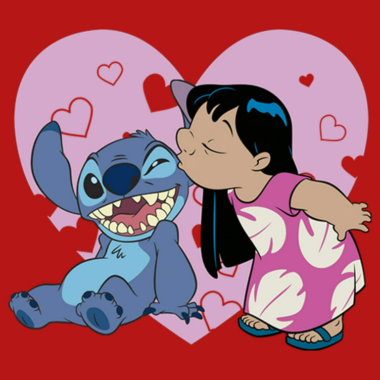 Girls lilo stitch valentines day kisses graphic tee red medium