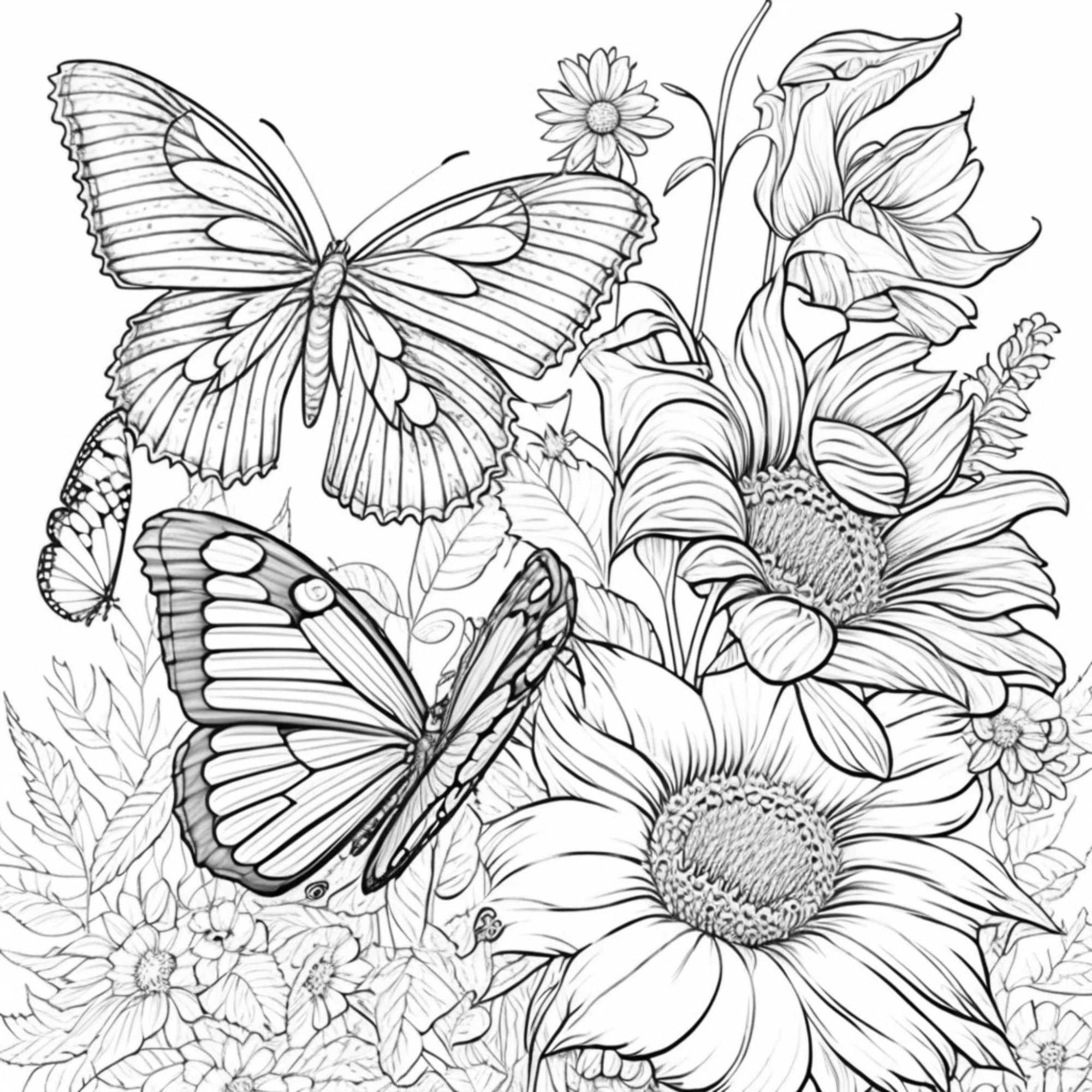 Printable flowers and butterflies coloring pages for kids and adults digital download pdf instant download