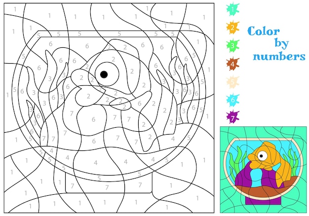Premium vector goldfish in an aquarium coloring by numbers coloring book