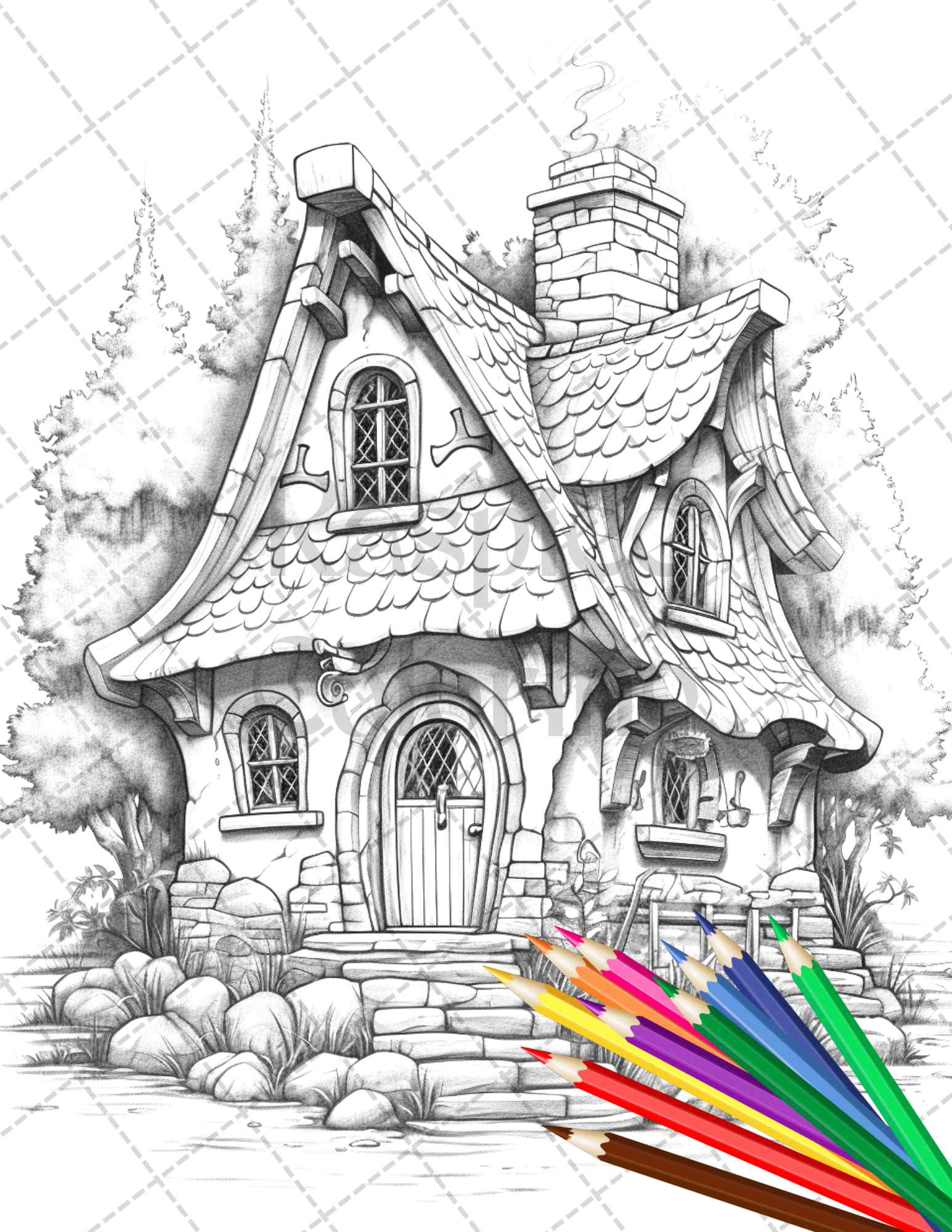 Stone cottage houses grayscale coloring pages printable for adults â coloring