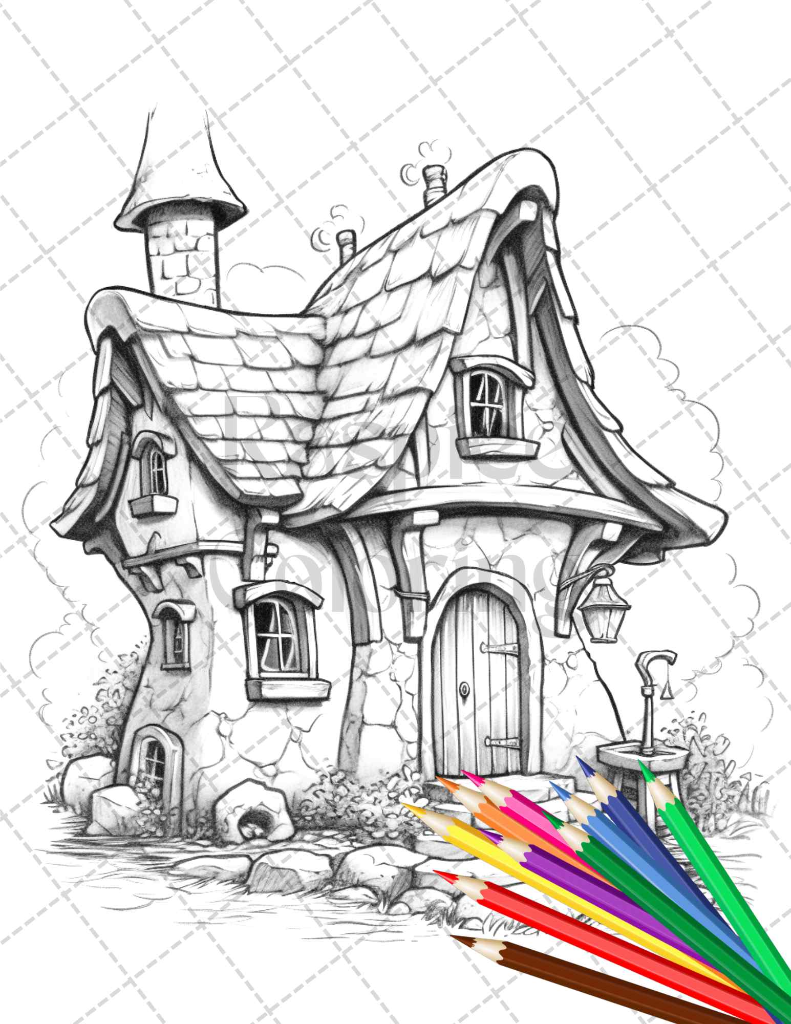 Stone cottage houses grayscale coloring pages printable for adults â coloring