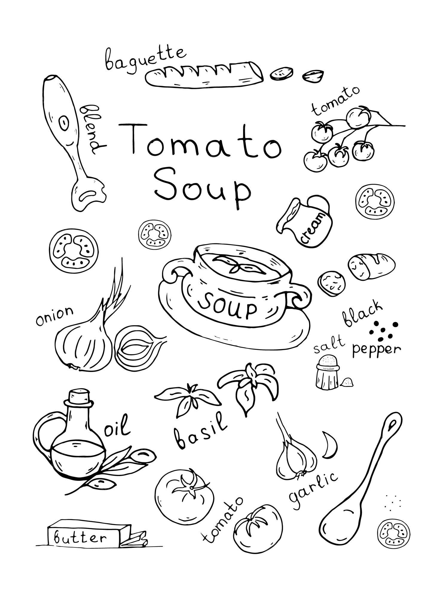 Premium vector doodle tomato soup recipe with lettering vector illustration tomatoes lettering olive oil onion