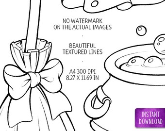 Halloween coloring page cute witch digital stamp lineart spell book for adults for kids jpeg png a spooky coloring book instant download download now