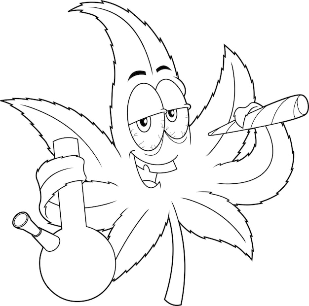 Premium vector outlined smiling marijuana leaf cartoon character holding a bong and smoking a joint