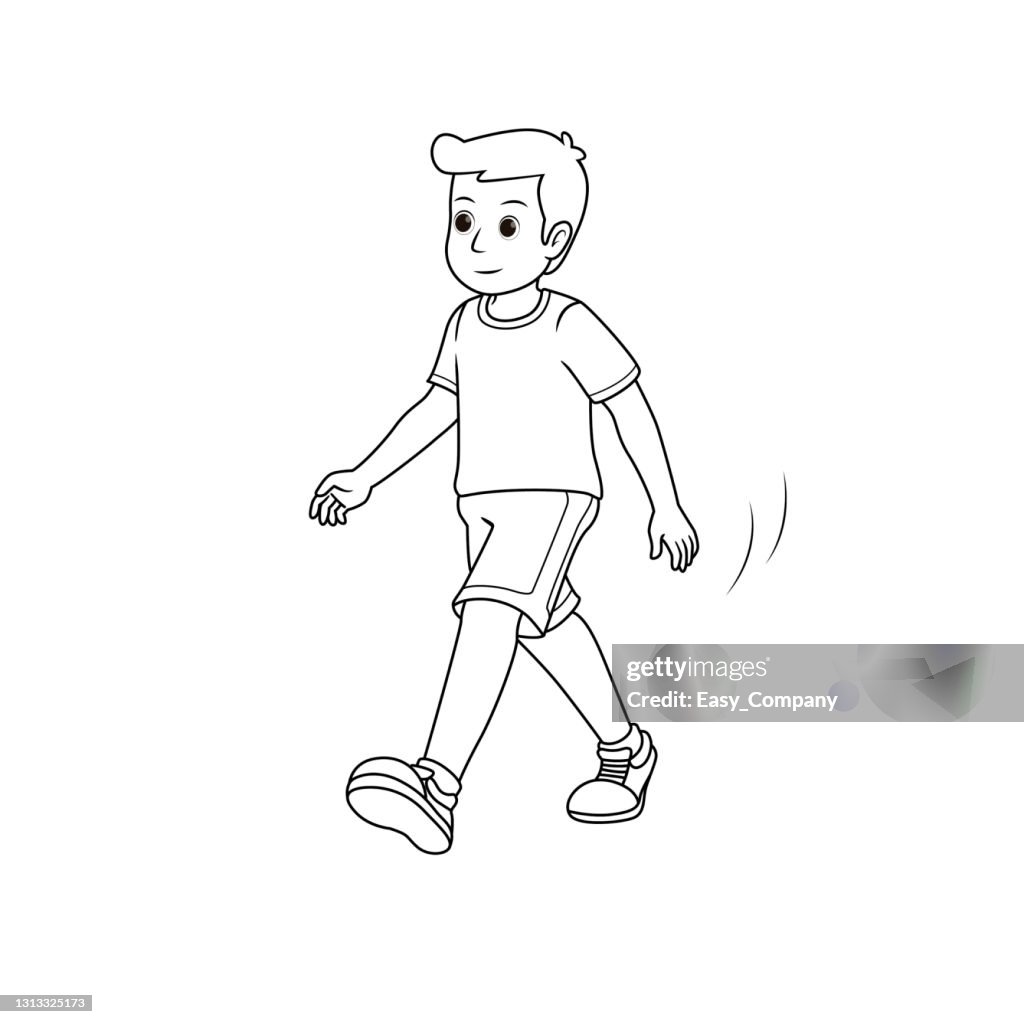 Young adult man walking for exercise isolated on white background kids coloring page drawing art first word flash card color cartoon character clipart vector illustration high