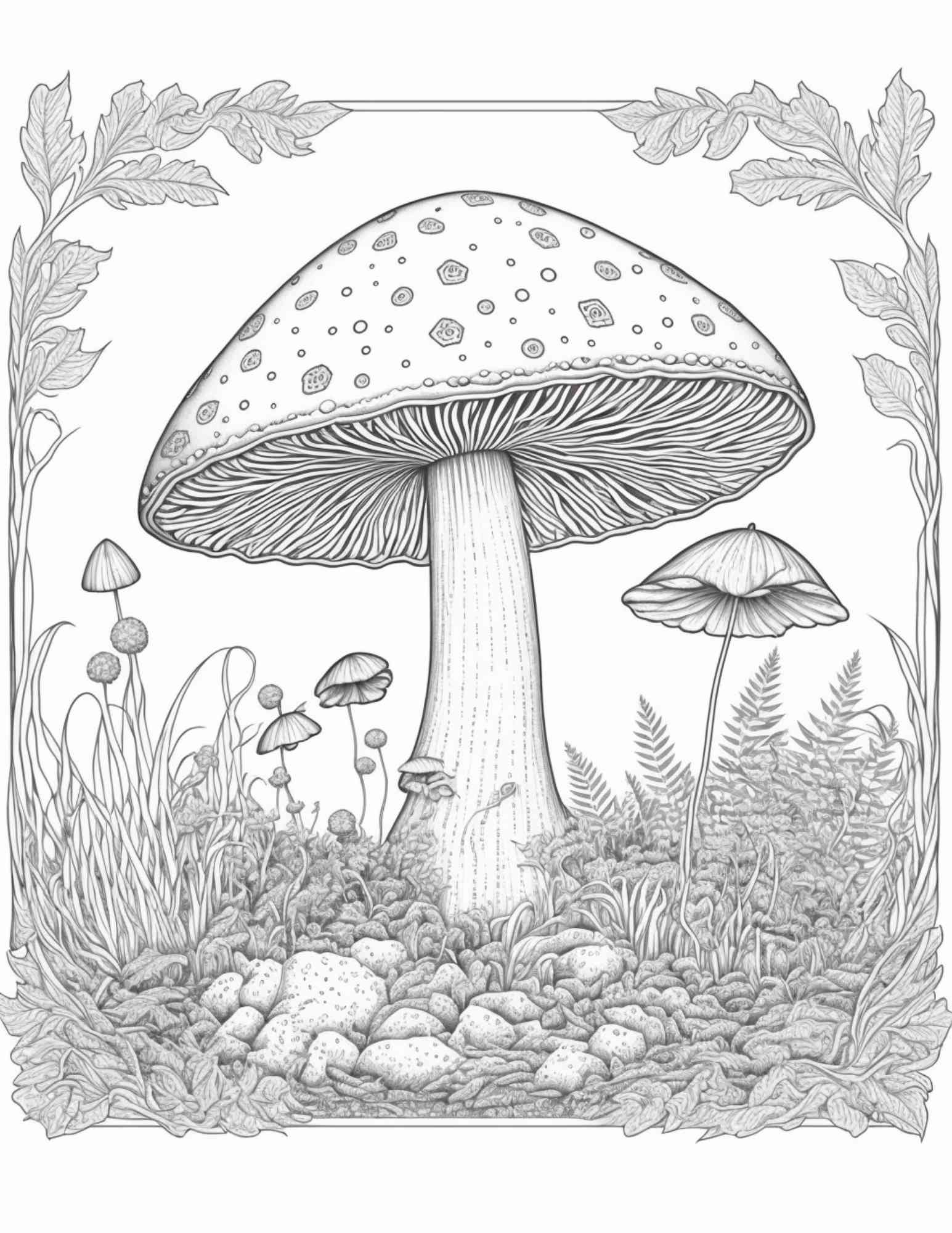 Mushroom forest coloring pages printable for adults and kids gray â coloring