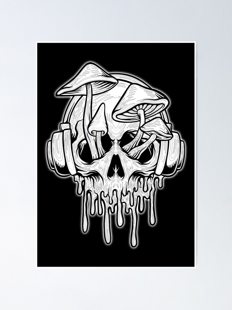 Color your own diy coloring or as is black and white creepy trippy funny horror mushroom skull graphic poster for sale by tammarsdesigns