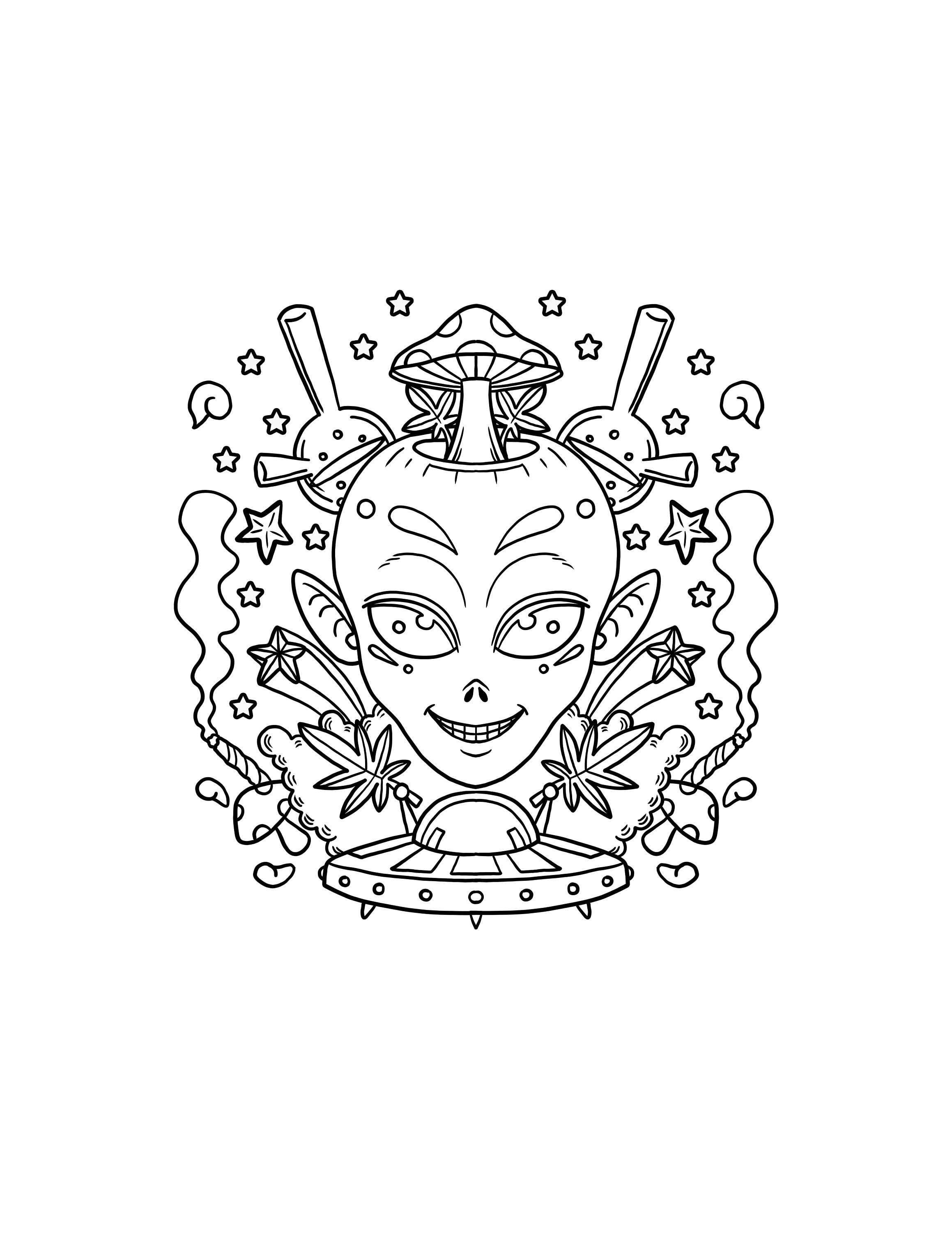 Trippy alien magic mushrooms printable pdf digital download trippy stoner coloring page cannabiss artwork