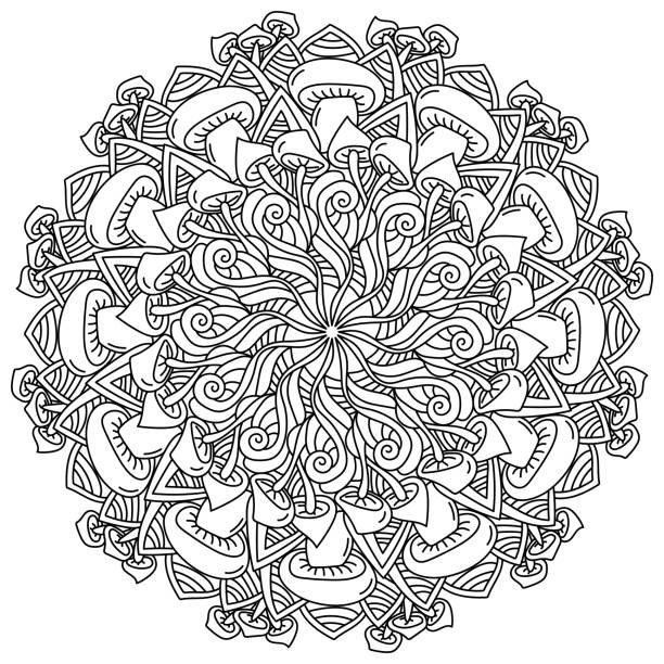 Mandala with mushrooms and patterns meditative coloring page with fantasy and natural elements stock illustration