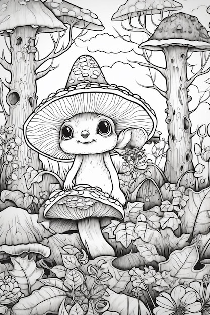 Premium ai image a drawing of a mushroom with a hat on sitting in a forest generative ai