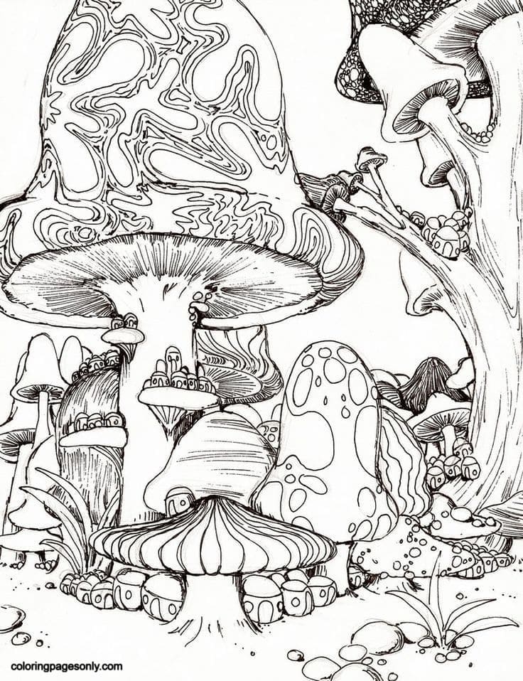 Trippy mushrooms pictures coloring page