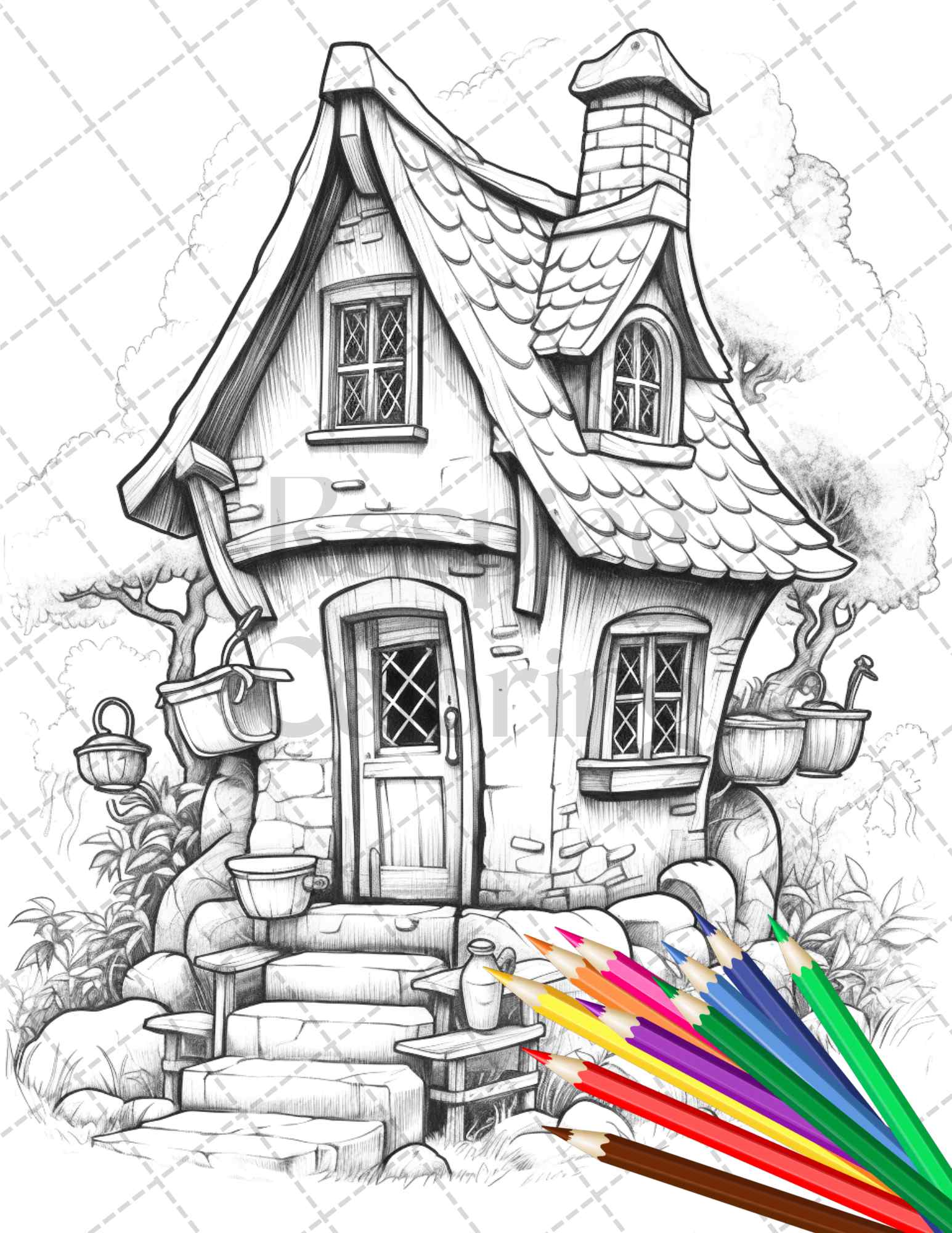 Stone cottage houses grayscale coloring pages printable for adults â coloring