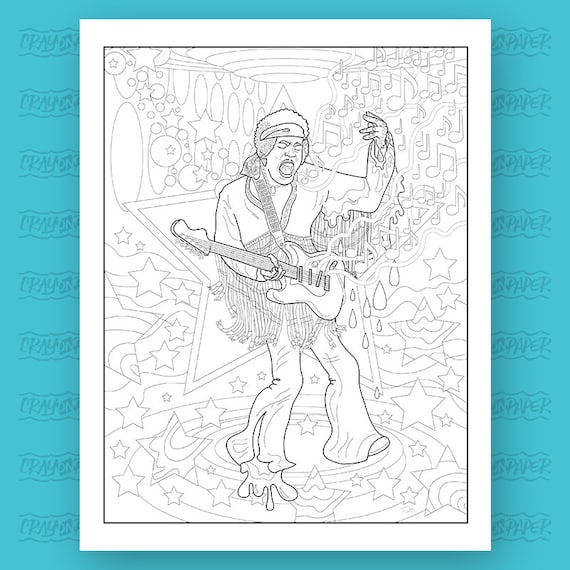 Jimi hendrix at woodstock psychadelic printable pdf adult coloring sheet fan art print download download now