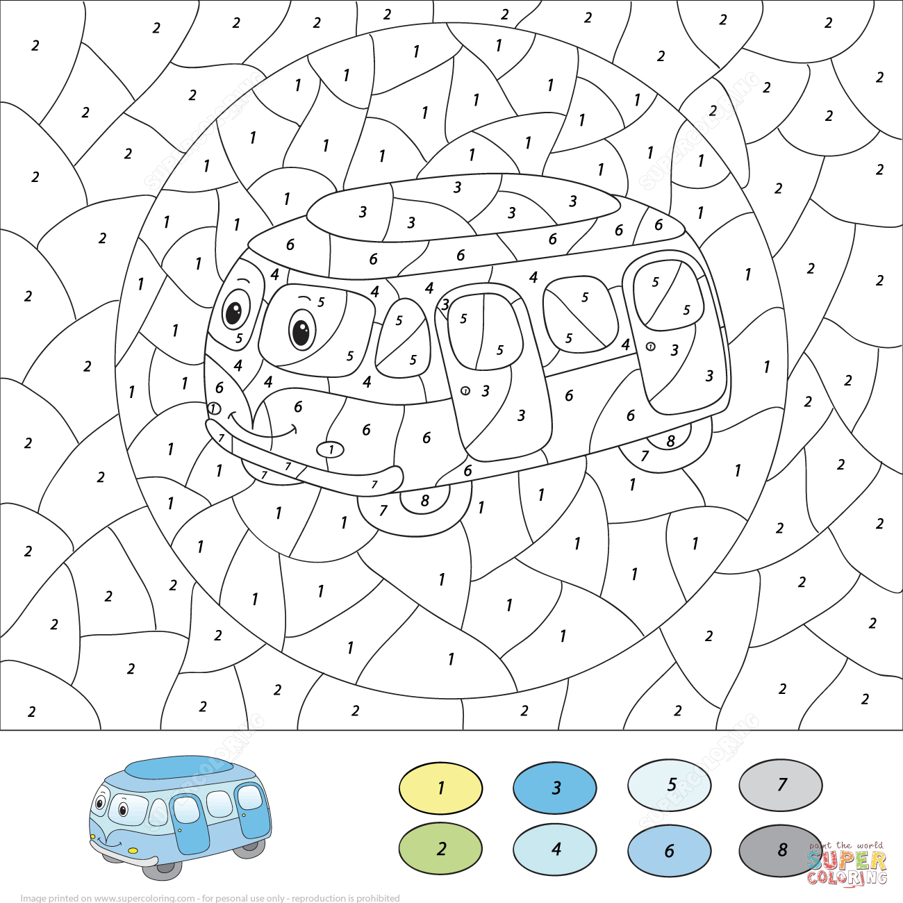 Cartoon bus color by number free printable coloring pages