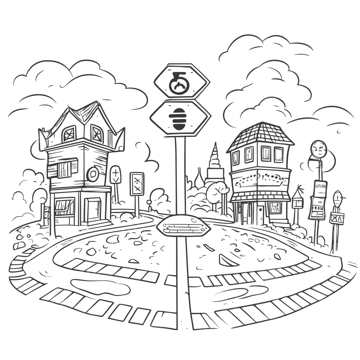 Black and white coloring page featuring three stop signs and a road outline sketch drawing vector road signs drawing road signs outline road signs sketch png and vector with transparent background for