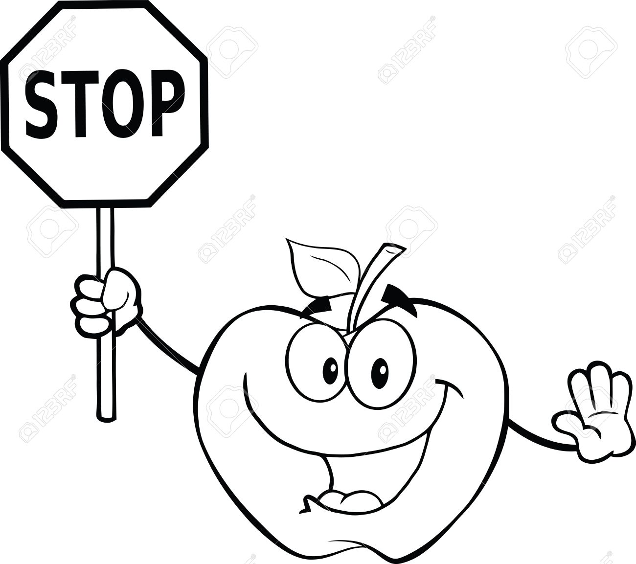 Black and white apple cartoon mascot character holding a stop sign royalty free svg cliparts vectors and stock illustration image