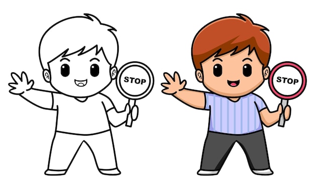 Premium vector boy holding stop sign board coloring page for kids