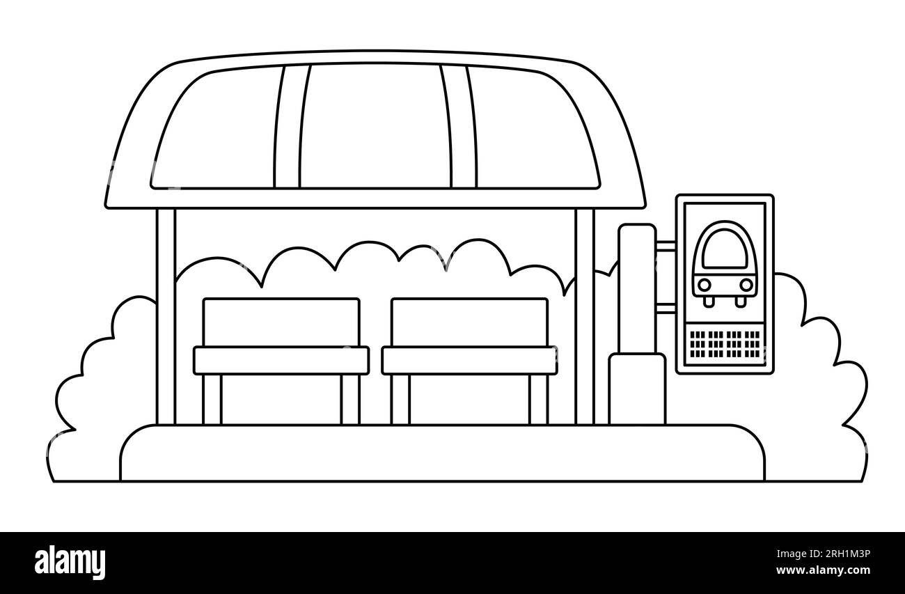 Vector black and white bus stop icon cartoon public transport waiting station city or countryside transportation line clipart or coloring page with stock vector image art