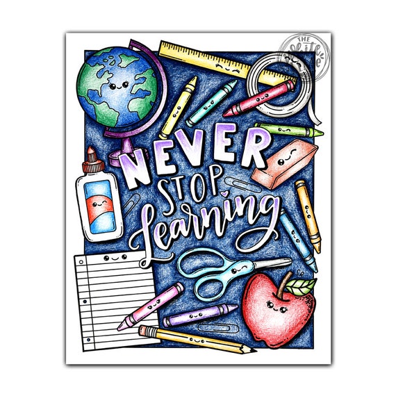 School supplies coloring page download kawaii coloring page coloring pages for kids and adults never stop learning kawaii art print