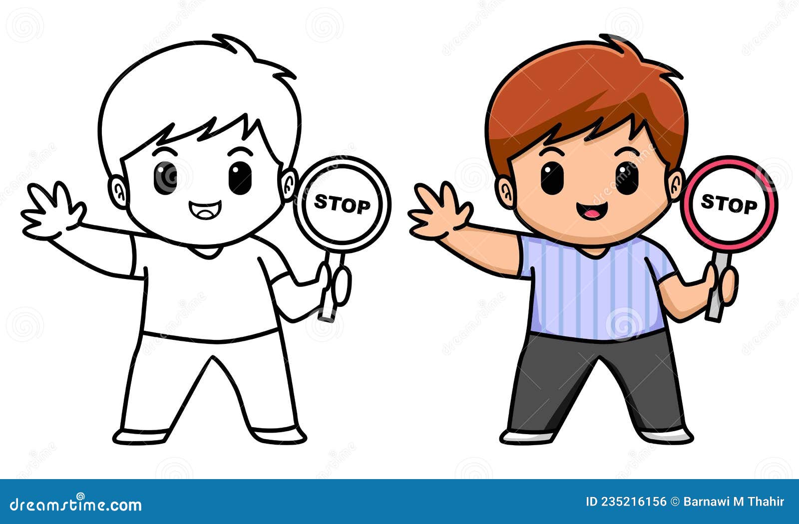 Boy holding stop sign board coloring page for kids stock vector