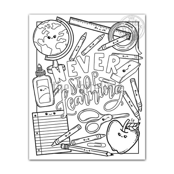 School supplies coloring page download kawaii coloring page coloring pages for kids and adults never stop learning kawaii art print