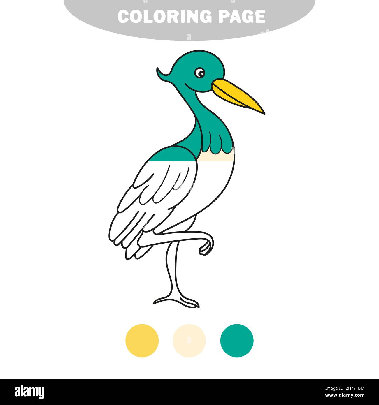 Simple coloring page cute funny cartoon style coloring bird illustration stork heron half painted picture with color samples stock vector image art