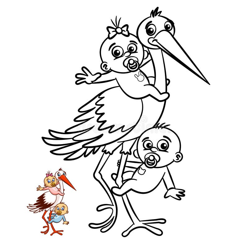 Stork with babies boy and girl coloring book ic character isolated on white background stock vector
