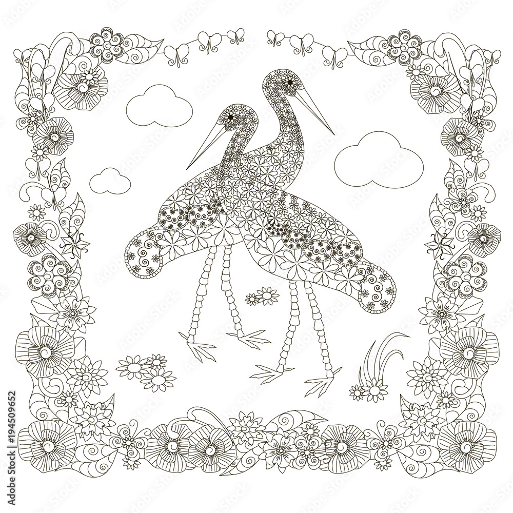 Hand drawn doodle two storks in flower frame black and white anti stress vector illustration for coloring page for print for web vector