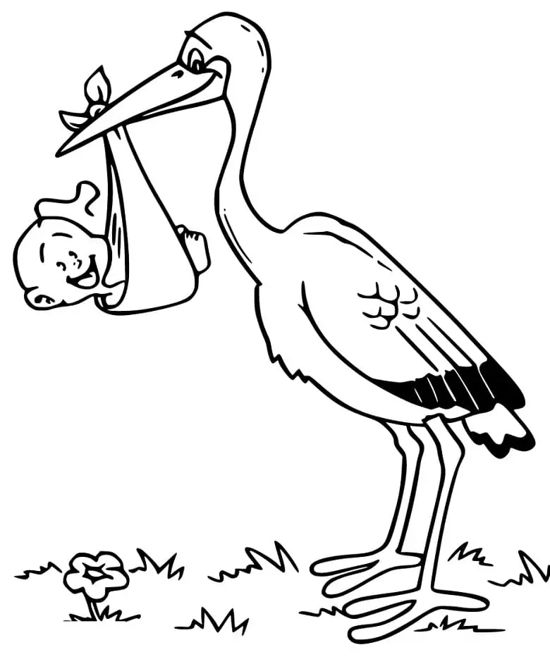Cute stork and baby coloring page